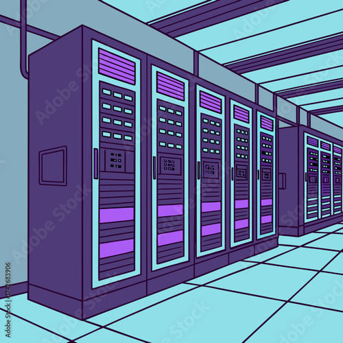 Modern data center with rows of purple server racks and cooling systems in a clean room environment