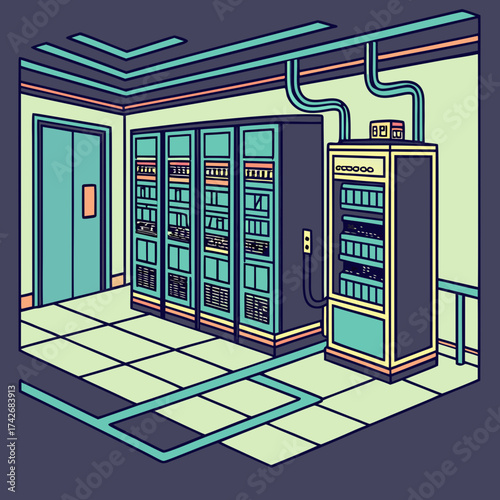 Isometric view of a server room with racks of computers and cables running along the floor and ceiling
