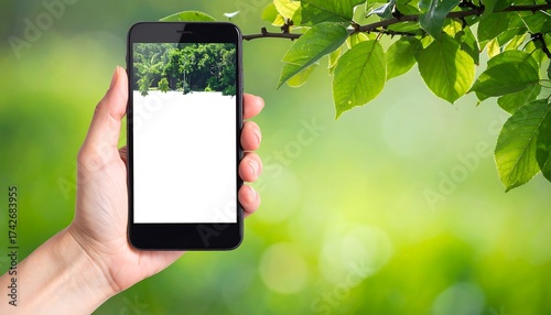 Smartphone Displaying Nature Scene Held in Hand Against Green Background.