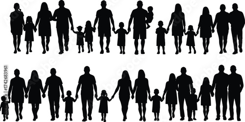 Silhouette vector illustration of diverse families walking together holding hands representing love, unity, bonding, relationship, parenting, connection, happiness, and togetherness concept