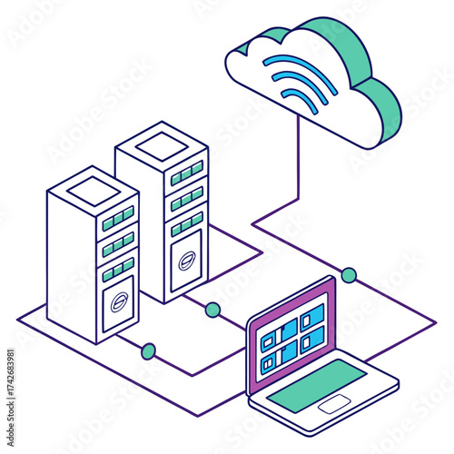 Isometric illustration of servers and a laptop connected to a cloud with wireless signals indicating data transfer