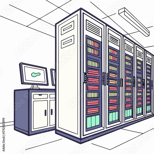Modern data center with rows of server racks and computer monitors in a clean organized room