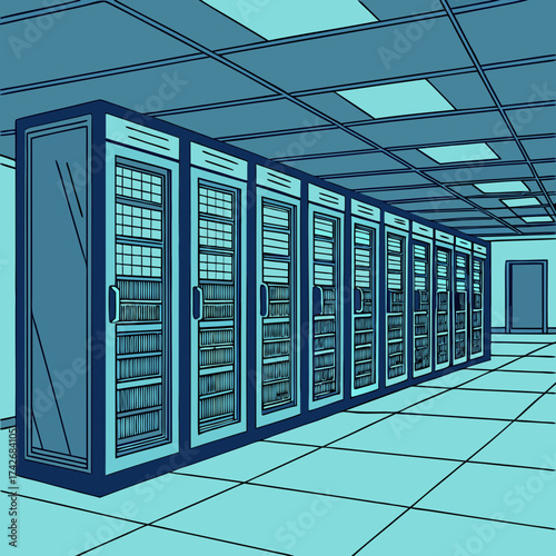 Modern data center with rows of server racks and a tiled ceiling illuminated by fluorescent lights