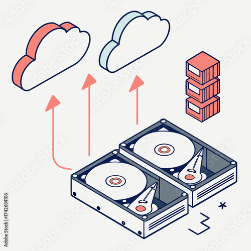 Isometric illustration of hard drives uploading data to cloud storage servers with arrows and abstract shapes