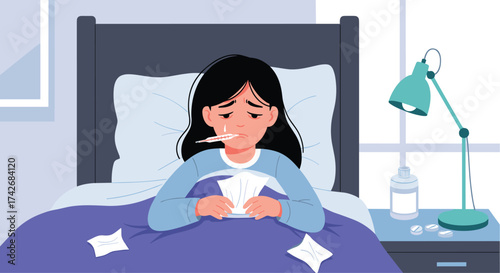 A sick young girl lies in bed with a thermometer in her mouth and tissues around her.