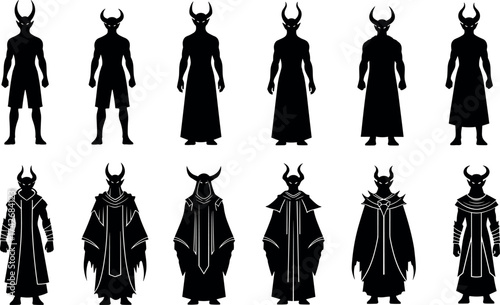 Horned humanoid character evolution silhouette set, fantasy vector progression from basic warrior to regal armored figure for game design or concept art themes