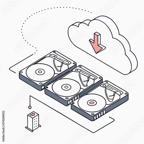 Isometric illustration of hard drives connected to a cloud with a download arrow symbolizing data backup and storage