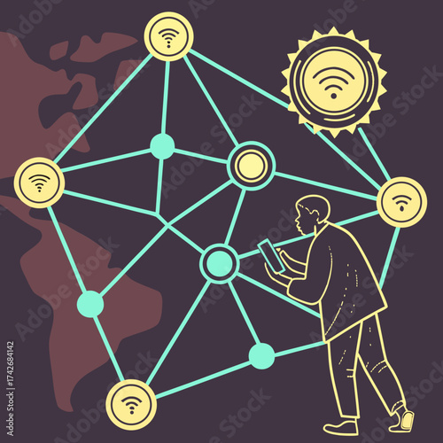 Man using smartphone connected to a global network of wi fi signals and data points on a world map background