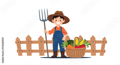 A happy farmer stands in front of a wooden fence holding a pitchfork with a basket of fresh vegetables.