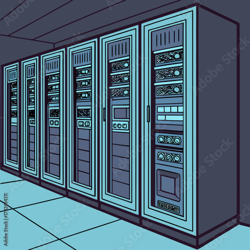 Modern server racks with glowing blue lights and intricate details in a dark data center room