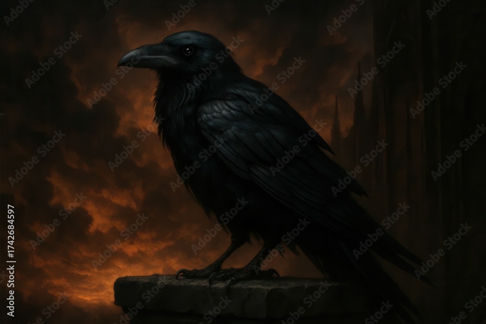 Fototapeta premium Latvia, Kandava, 2025-08-23, Latvijas kauss A Raven's Vigilant Gaze Over a Dusky Abyss