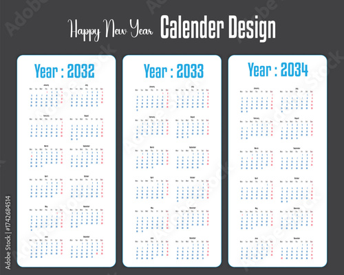 Calendar 2032, 2033, 2034 year. Week starts on Monday. Wall, table calendar. Restrained business design for notebook and planner. Vector illustration