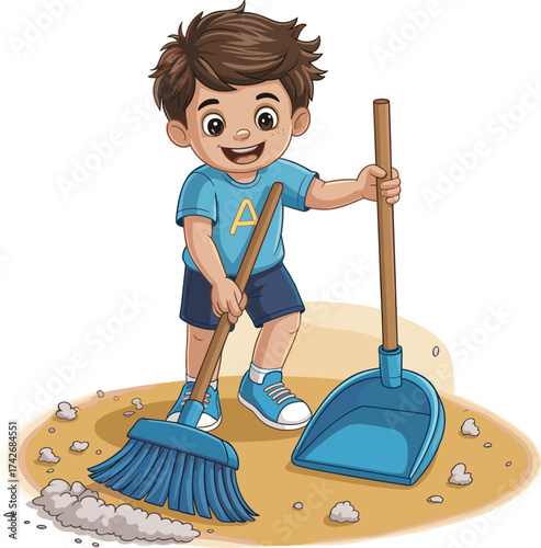 Happy little boy sweeping floor with broom and dustpan, child cleaning activity illustration, learning responsibility, cartoon vector design