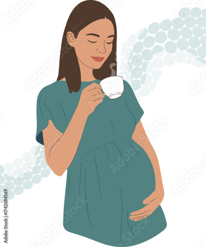 Pregnant woman drinking tea, calm expecting mother illustration, peaceful maternity concept, healthy pregnancy lifestyle, self care, relaxing mom vector art