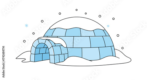 An igloo shelter in the snow with falling snowflakes.