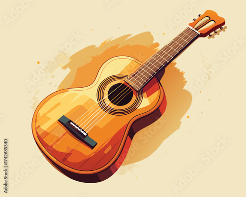 Acoustic Guitar with Warm Tones and Watercolor Splatter Effect.