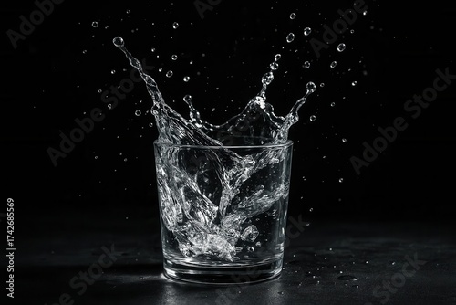 Latvia, Kandava, 2025-08-23, Latvijas kauss A moment of refreshment captured as water splashes into a glass on a dark backdrop
