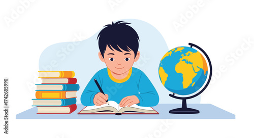 A young boy is diligently studying at his desk with a stack of books and a globe nearby.