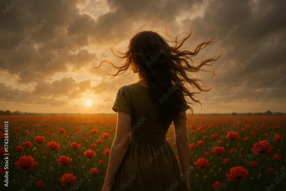 Naklejka premium Latvia, Kandava, 2025-08-23, Latvijas kauss A Lone Wanderer in a Field of Red Poppies at Sunset