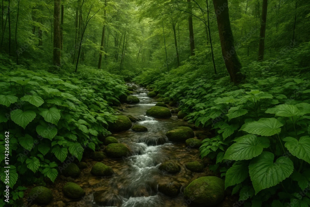 Fototapeta premium Latvia, Kandava, 2025-08-23, Latvijas kauss A Gentle Stream Flows Through a Lush Forest