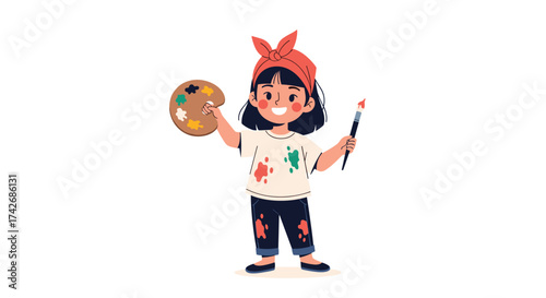 A young artist with a paintbrush and a palette of paints ready to create a masterpiece.
