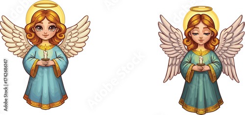 Angels with halos and candles, white wings and golden robes, cartoon and realistic style comparison, Christmas religious theme, flat vector