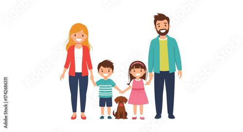 A happy family with a child and a dog.