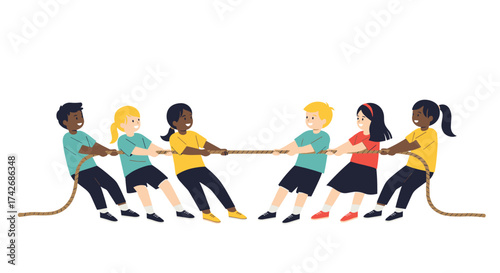 Children playing a competitive game of tug of war outdoors.