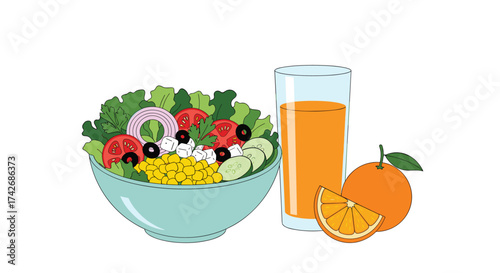Fresh garden salad with a glass of orange juice and sliced orange.
