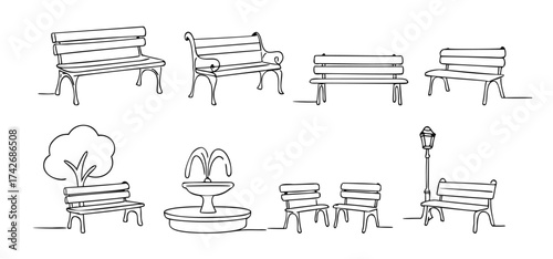 Line art bench set with different park benches, tree, fountain and lantern. Minimal bench illustration in black and white, decorative bench sketch for city, garden, urban design and outdoor art.