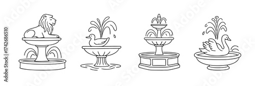 Line art fountain set with lion, duck, swan and classic architecture design. Minimal fountain illustration in black and white, decorative fountain sketch for park, garden, city and urban art