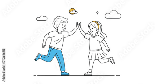 Two happy children giving each other a high five while running.