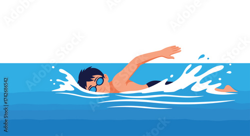 A young man swims the freestyle stroke with intensity.