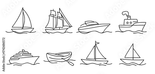 Set of line art boat illustrations. Minimal abstract boat and ship outline design with sailboat, cruise boat, motorboat, yacht and rowboat, nautical vector sketch for travel and marine art
