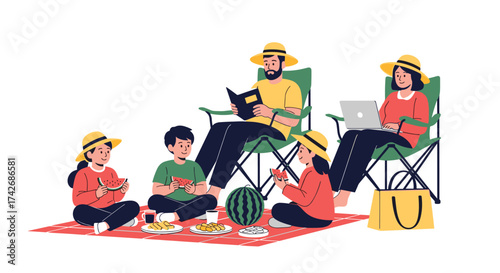 A family enjoys a summer picnic outdoors with food and games.