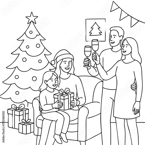 Line art christmas family celebration. Christmas tree with gifts, christmas party at home with parents and children, festive toast illustration in minimal outline style for holiday design