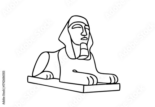 Minimal line art sphinx illustration. Abstract sphinx statue sketch in black and white, egyptian sphinx outline design, ancient culture sculpture for poster, gallery art and decorative concept
