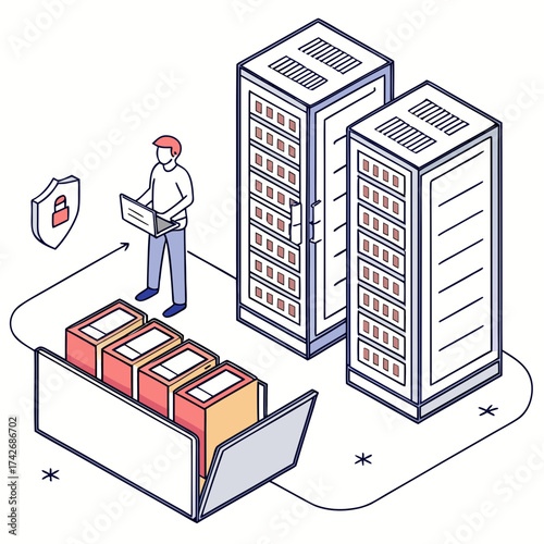Isometric illustration of a system administrator managing servers and data security, showcasing network infrastructure, data storage, and it management