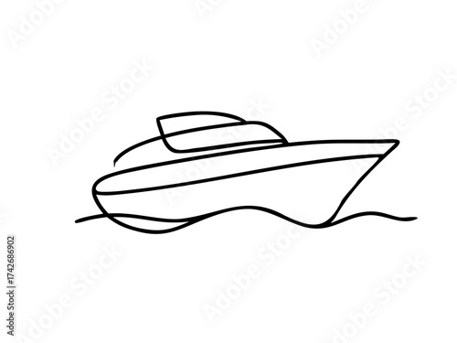 Vector yacht illustration with yacht, boat and ship on the sea. Motorboat vessel in ocean water, marine transport for vacation and cruise. Nautical adventure, summer journey, speed sailing design