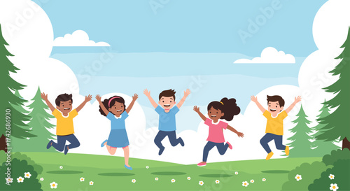 A group of happy diverse children jumping and playing in a park on a sunny day.