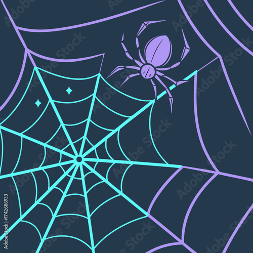A spider web with a spider is depicted in a vector illustration, showcasing halloween, spooky themes, and arachnid imagery with a modern, graphic design