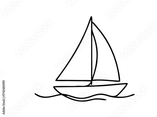 Sailboat vector illustration in line art style. Sailing boat icon on sea with waves, symbol of travel, summer, adventure, yacht, nautical sport, freedom, marine lifestyle and vacation design