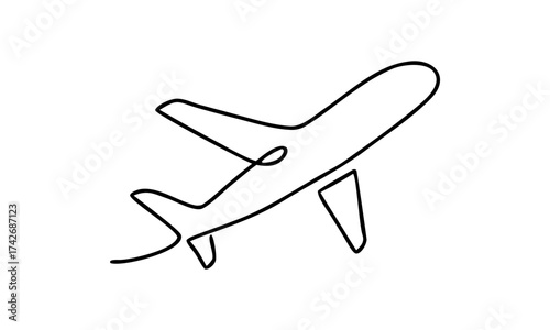 Minimal airplane lineart sketch, simple vector drawing of plane for travel and tourism. Airplane illustration with flight and journey theme, isolated design of plane, vacation trip and adventure air