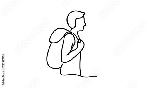 Backpacker traveler silhouette of man with backpack in minimal line art. Hiking and trekking figure in side view, outdoor explorer on trail. Simple vector drawing of traveler backpacker on journey