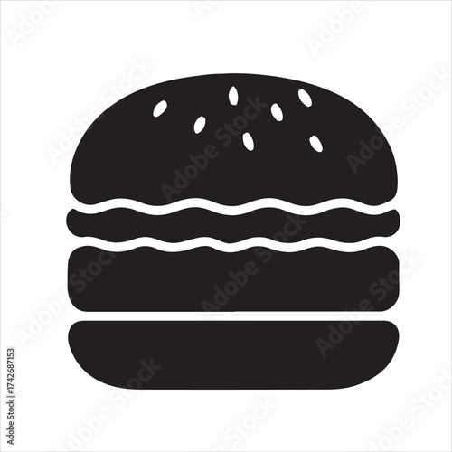Hamburger Silhouette Icon – Black Vector Burger Illustration with Bun, Patty, Lettuce, and Cheese on White Background