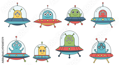A group of funny cartoon aliens inside their flying saucers in space.