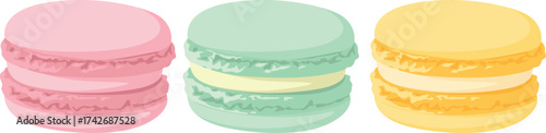 Three colorful macarons, pink, mint green, and yellow, are displayed side-by-side, showcasing their delicate texture and creamy filling.