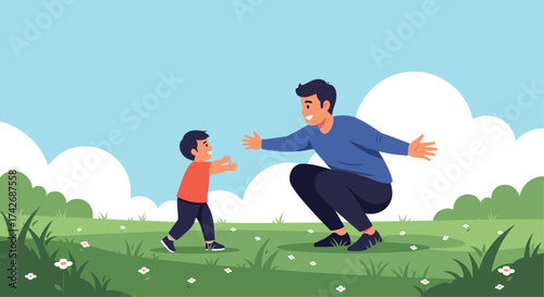 A father and son running towards each other in a sunny meadow.