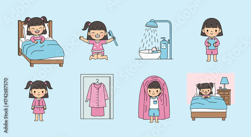 A little girl's daily routine of getting ready for bed.