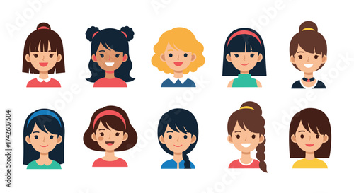A diverse group of smiling cartoon girls avatars with various hairstyles and clothing.
